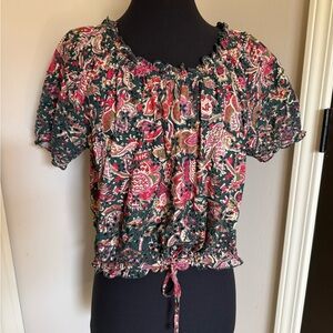 Paisley Smocked Crop Top in Green and Pink